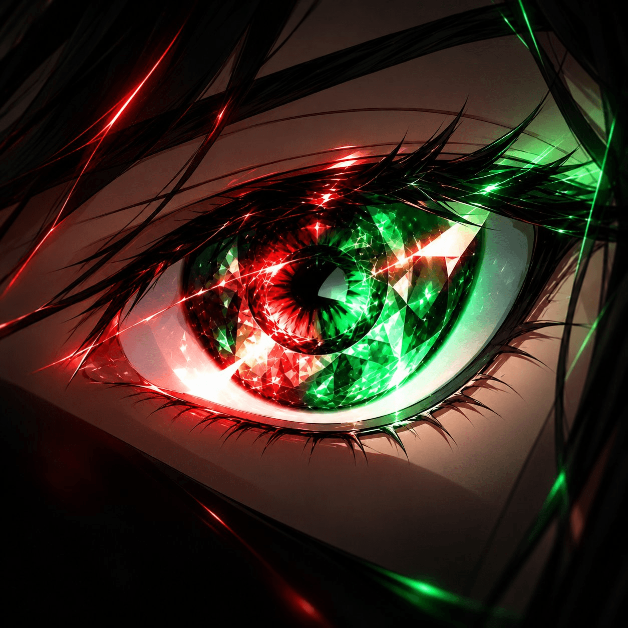 Act II’s crystalline anime eye glowing red and green