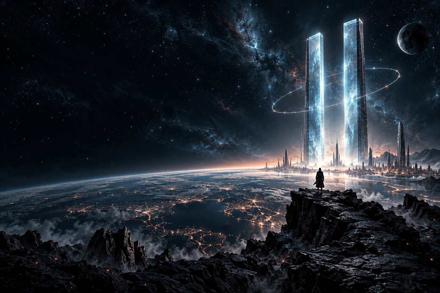 A lone explorer faces twin luminous monoliths above Earth and a distant future city